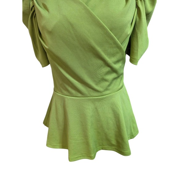 Grace Karin Chartreuse Ruched Puff Sleeve Peplum Blouse Size Small - Picture 3 of 10